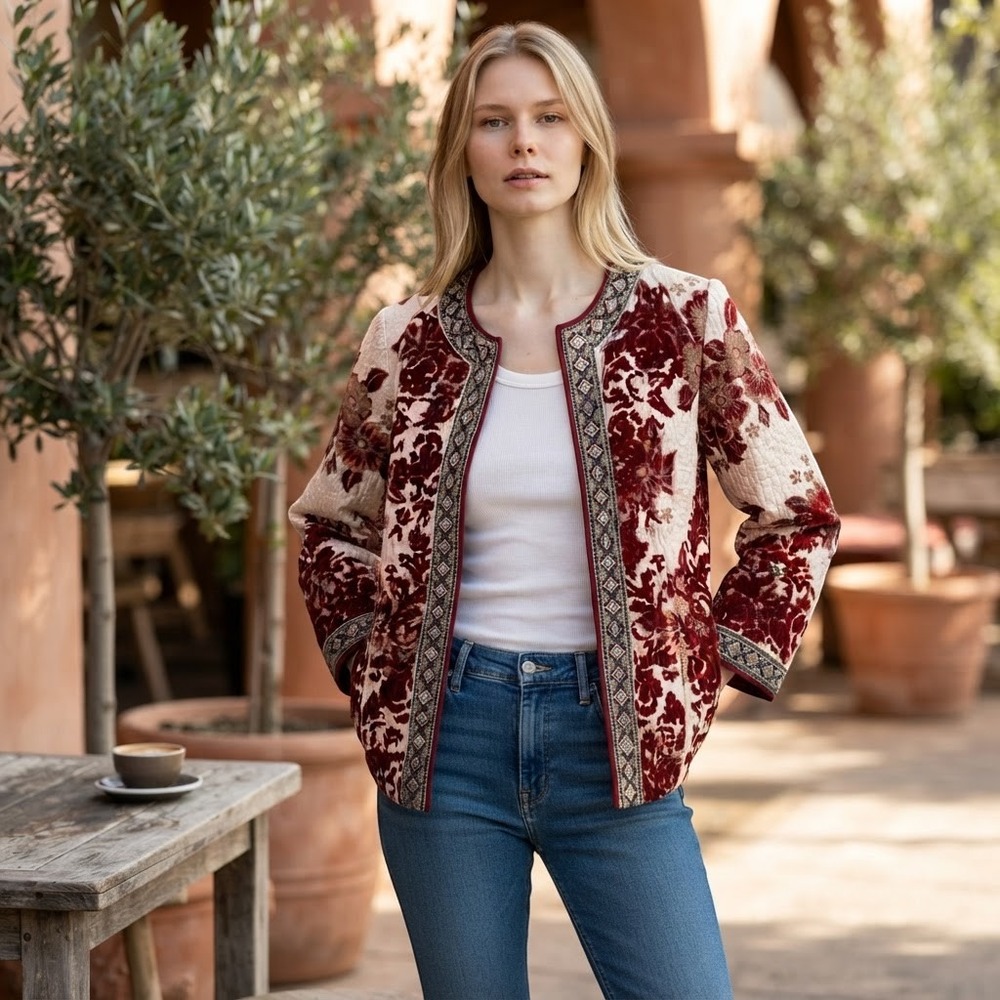 Soft Surroundings Red Velvet Floral Metallic Embroidered Open Jacket Large 2DR55